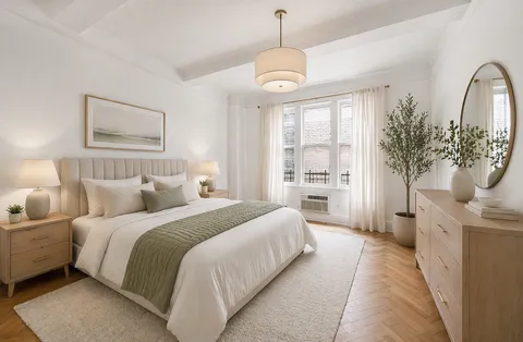 a spacious bedroom with a large bed and a chandelier