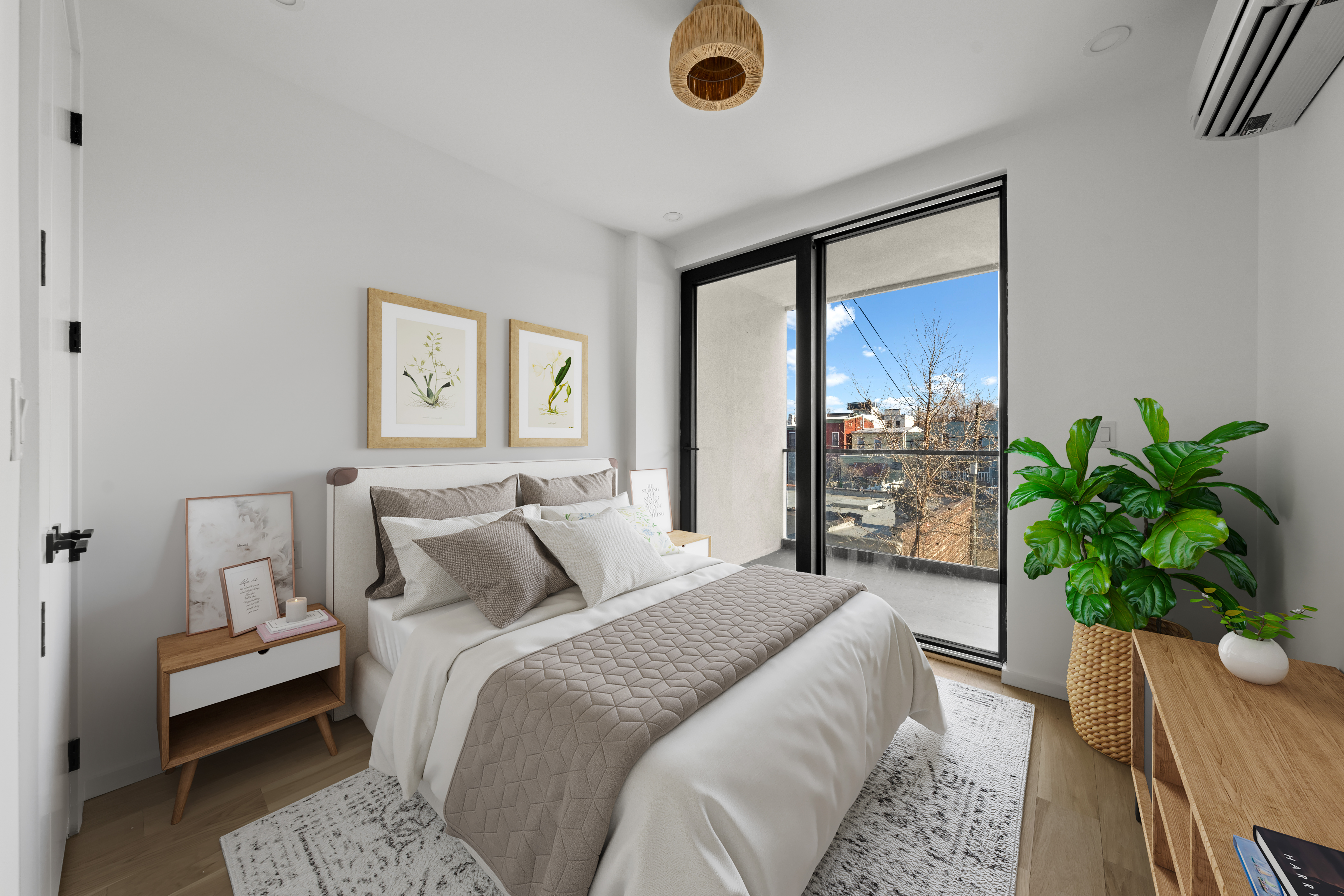 14-35 Broadway, Unit 1A Queens, NY 11106 - Photo 14 of 20 a bedroom with a bed and a potted plant