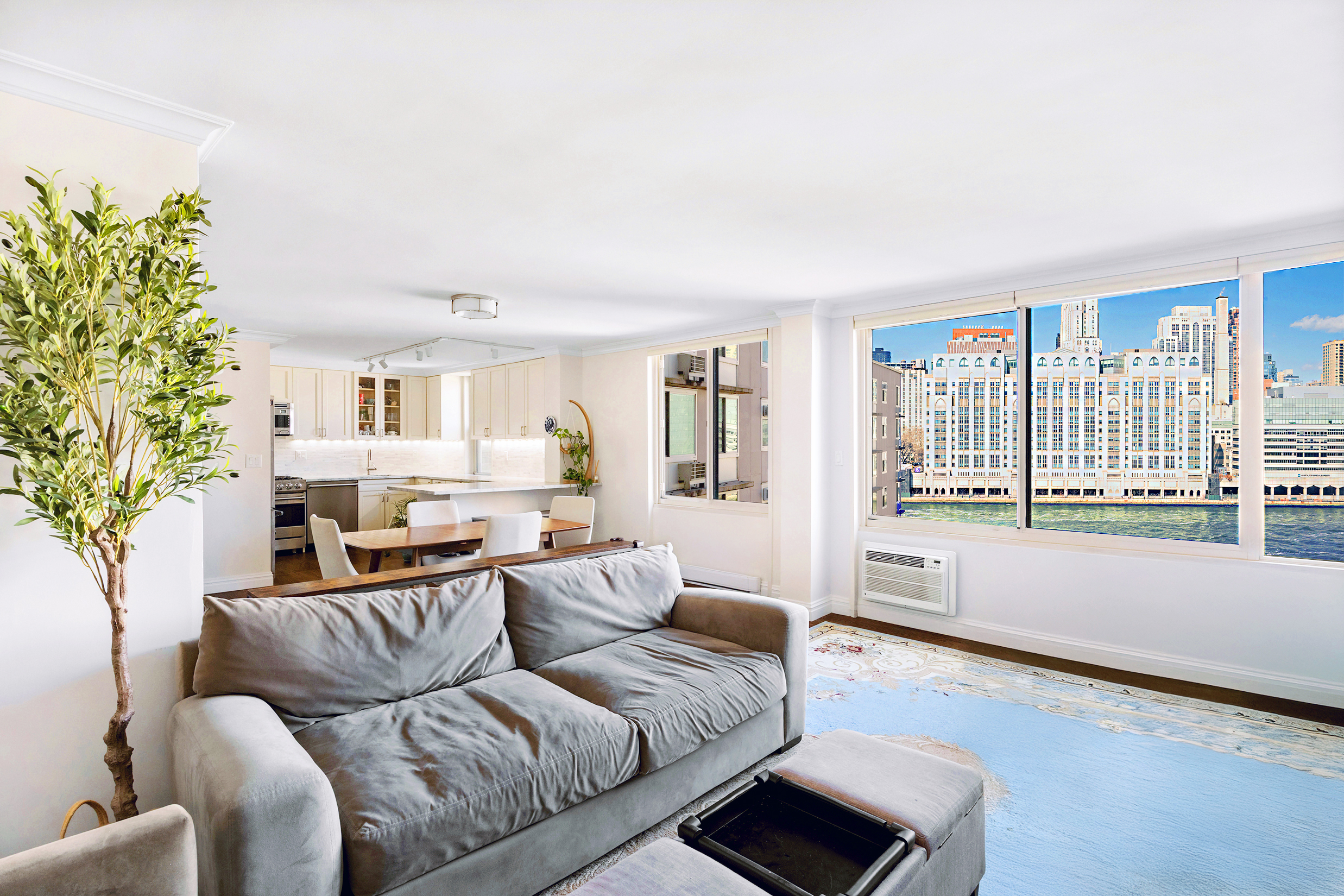 555 Main Street, Unit 1115 Manhattan, NY 10044 - Photo 2 of 9 a living room with furniture and a large window