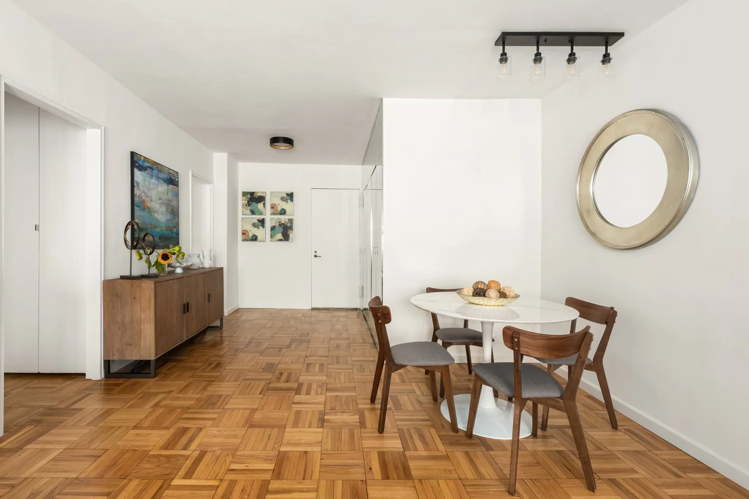 a view of a dining room with furniture