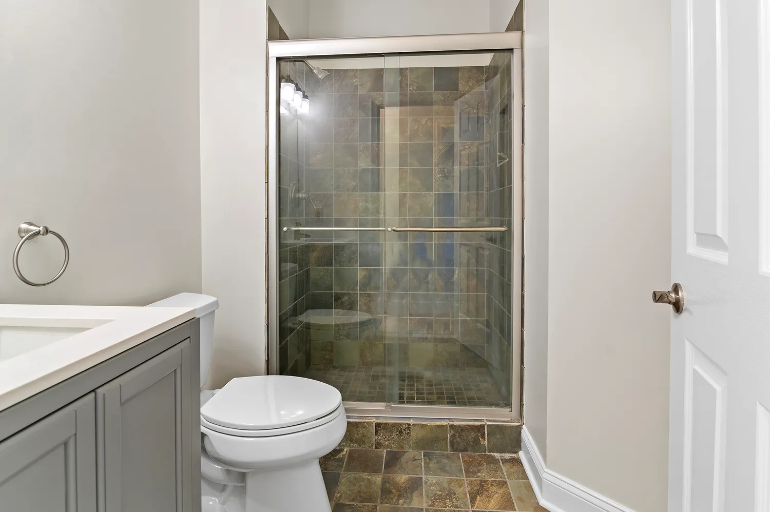 a bathroom with a shower and a toilet