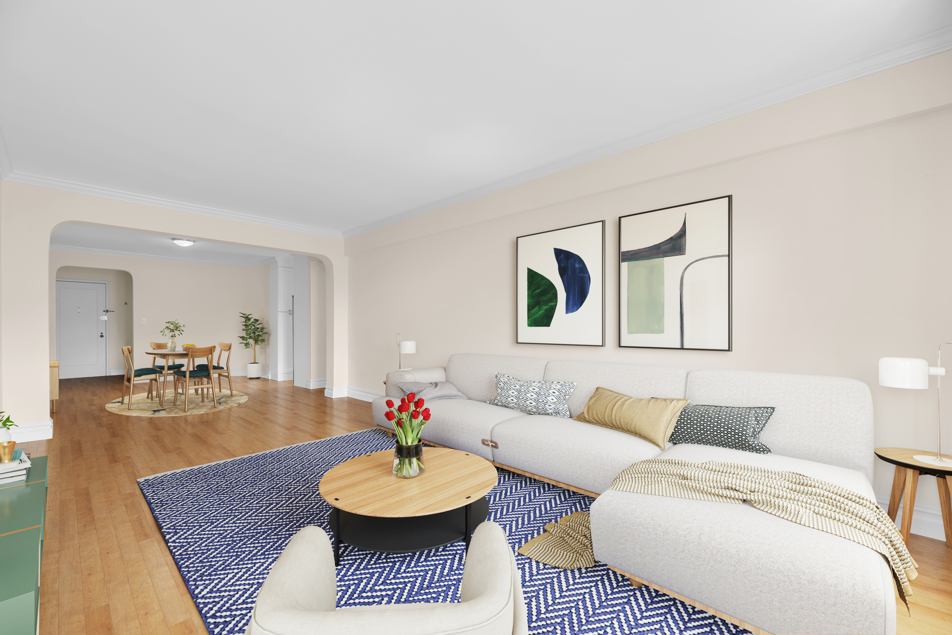 73-12 35th Avenue, Unit A62 Queens, NY 11372 - Photo 4 of 10 a living room with furniture and a table with wooden floor