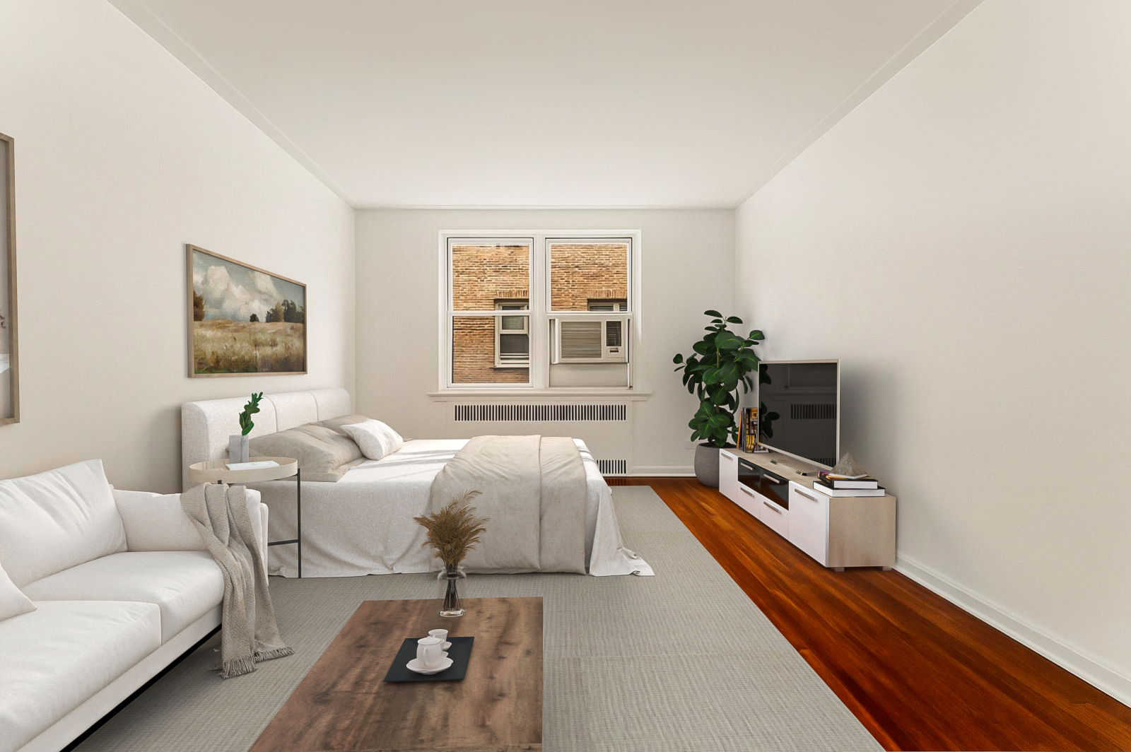 a bedroom with furniture and a flat screen tv
