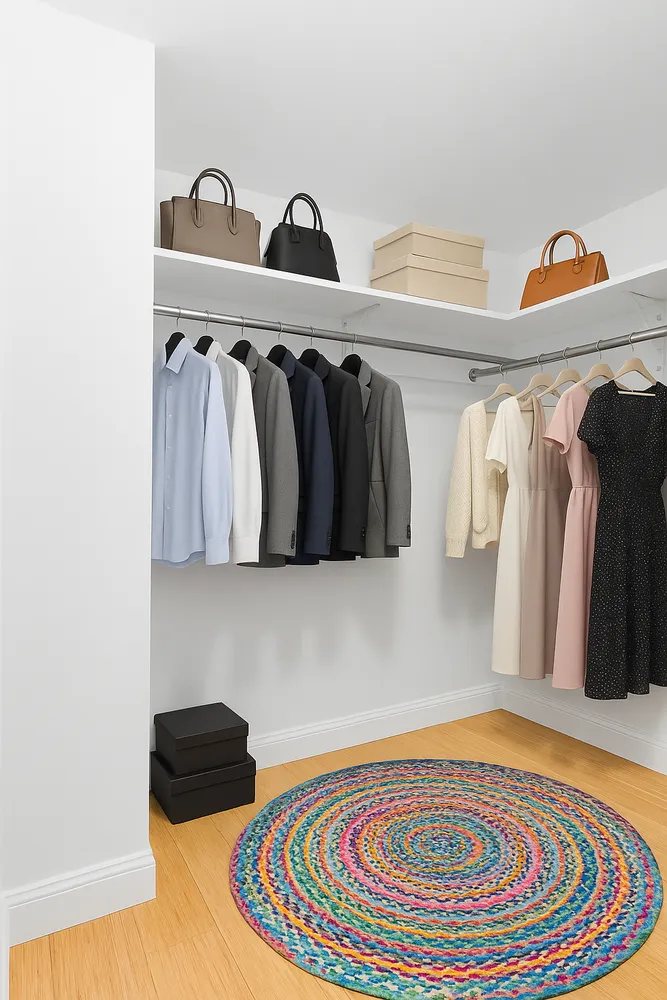 a bedroom with a bed and a walk in closet