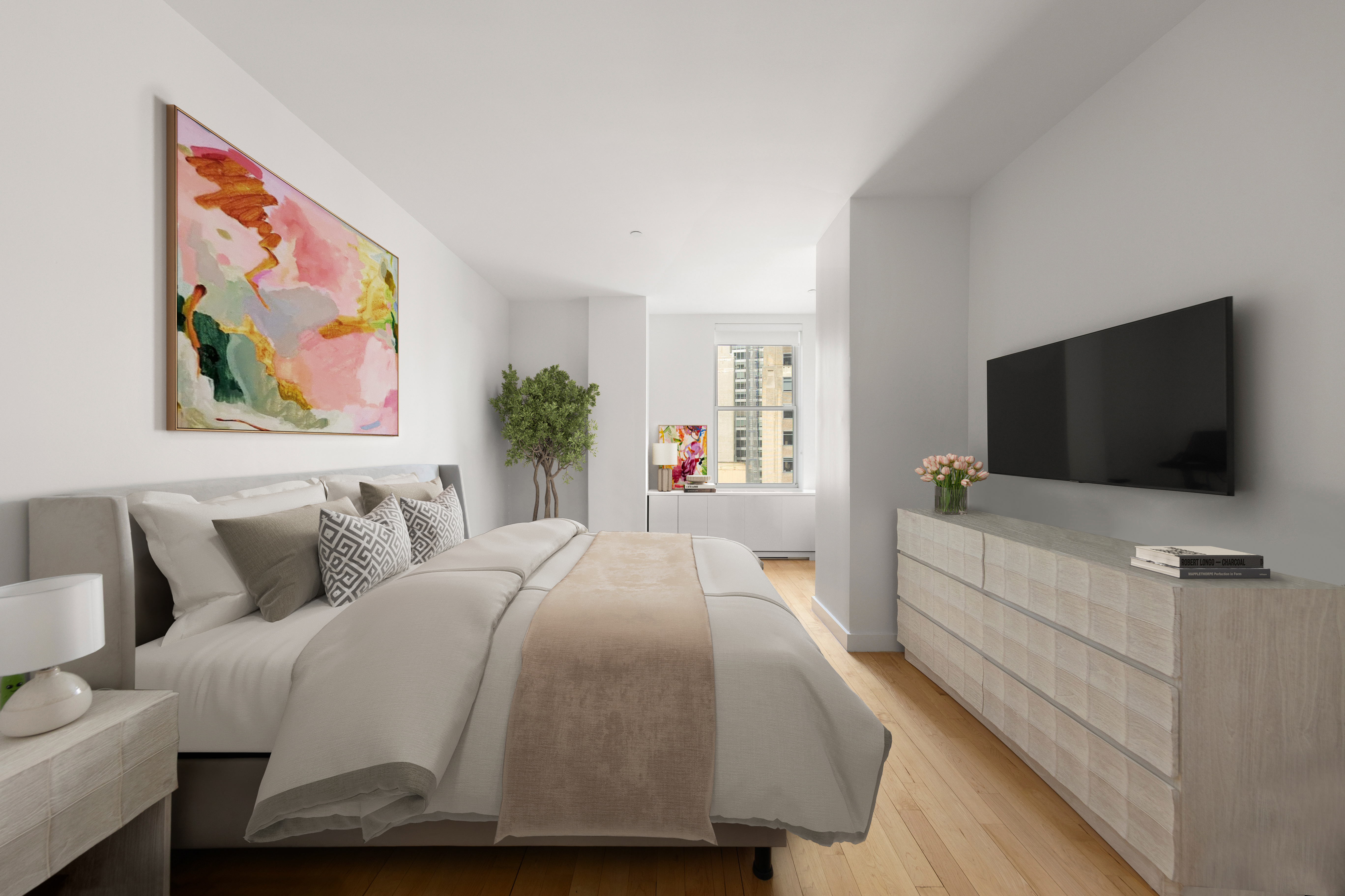 15 Broad Street, Unit 3100 Manhattan, NY 10005 - Photo 6 of 27 a bedroom with a bed and a flat screen tv