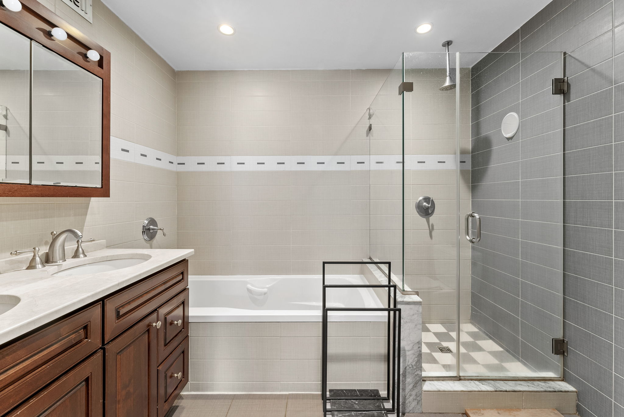 54 State Street, Unit 5 Brooklyn, NY 11201 - Photo 6 of 9 a bathroom with a double vanity sink mirror and shower