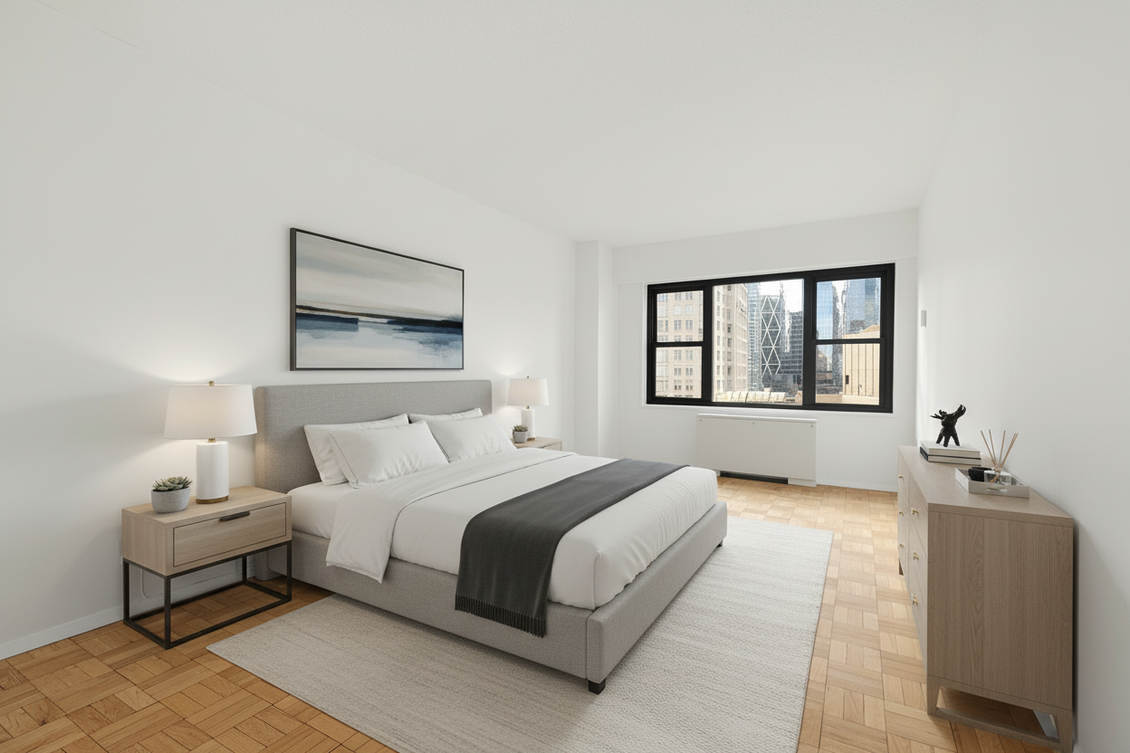 20 West 64th Street, Unit 35T Manhattan, NY 10023 - Photo 4 of 7 a bedroom with a large bed and a window