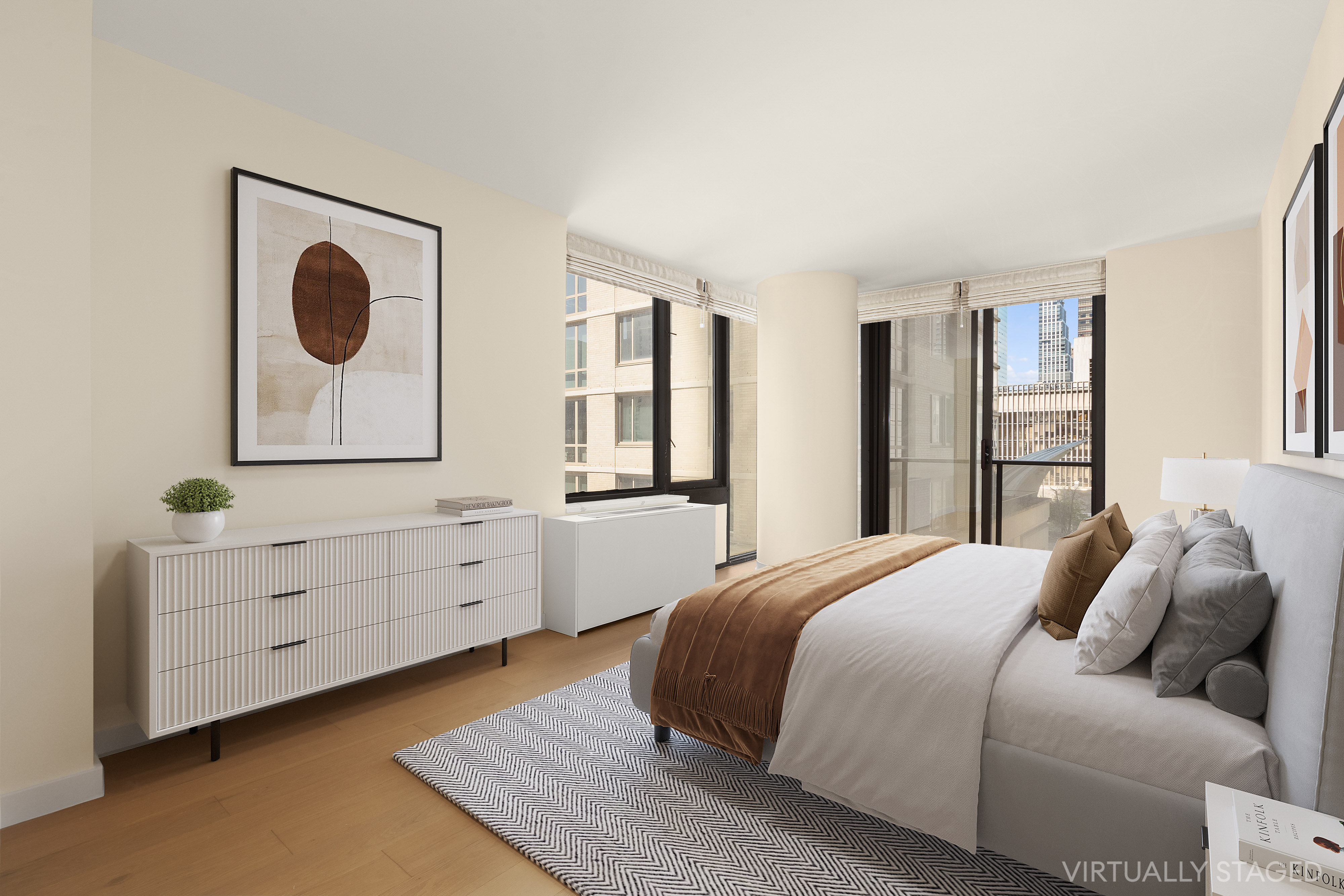 161 West 61st Street, Unit 5C Manhattan, NY 10023 - Photo 14 of 30 a bedroom with a bed and window with mirror