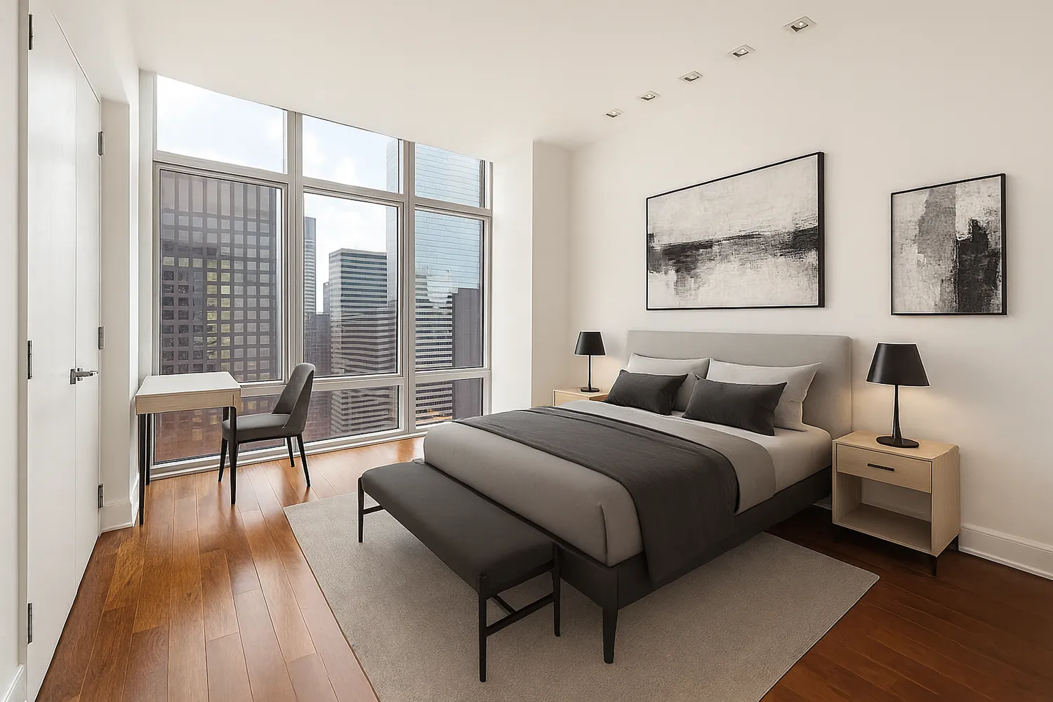 a spacious bedroom with a bed and a large window