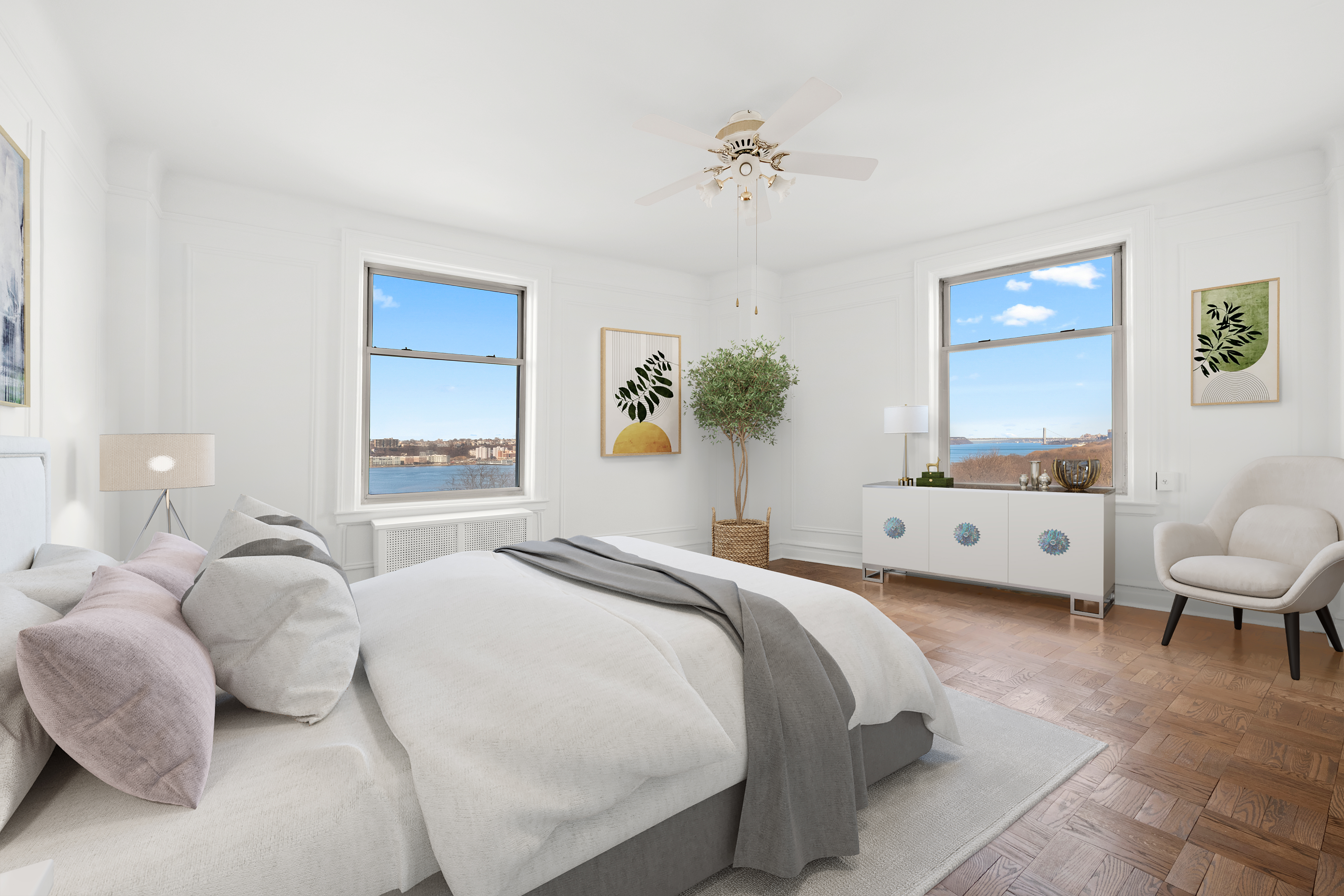 160 Riverside Drive, Unit 8A Manhattan, NY 10024 - Photo 5 of 15 a bedroom with a bed and a chandelier