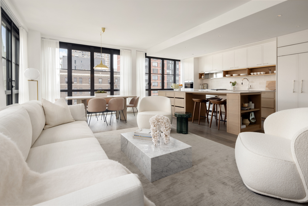 250 West 96th Street, Unit 7D Manhattan, NY 10025 - Photo 3 of 30 a living room with furniture two large windows and kitchen view