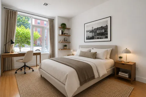 a bedroom with a bed and a large window