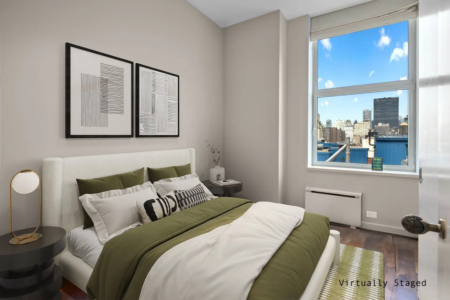 a bedroom with a bed and glass window