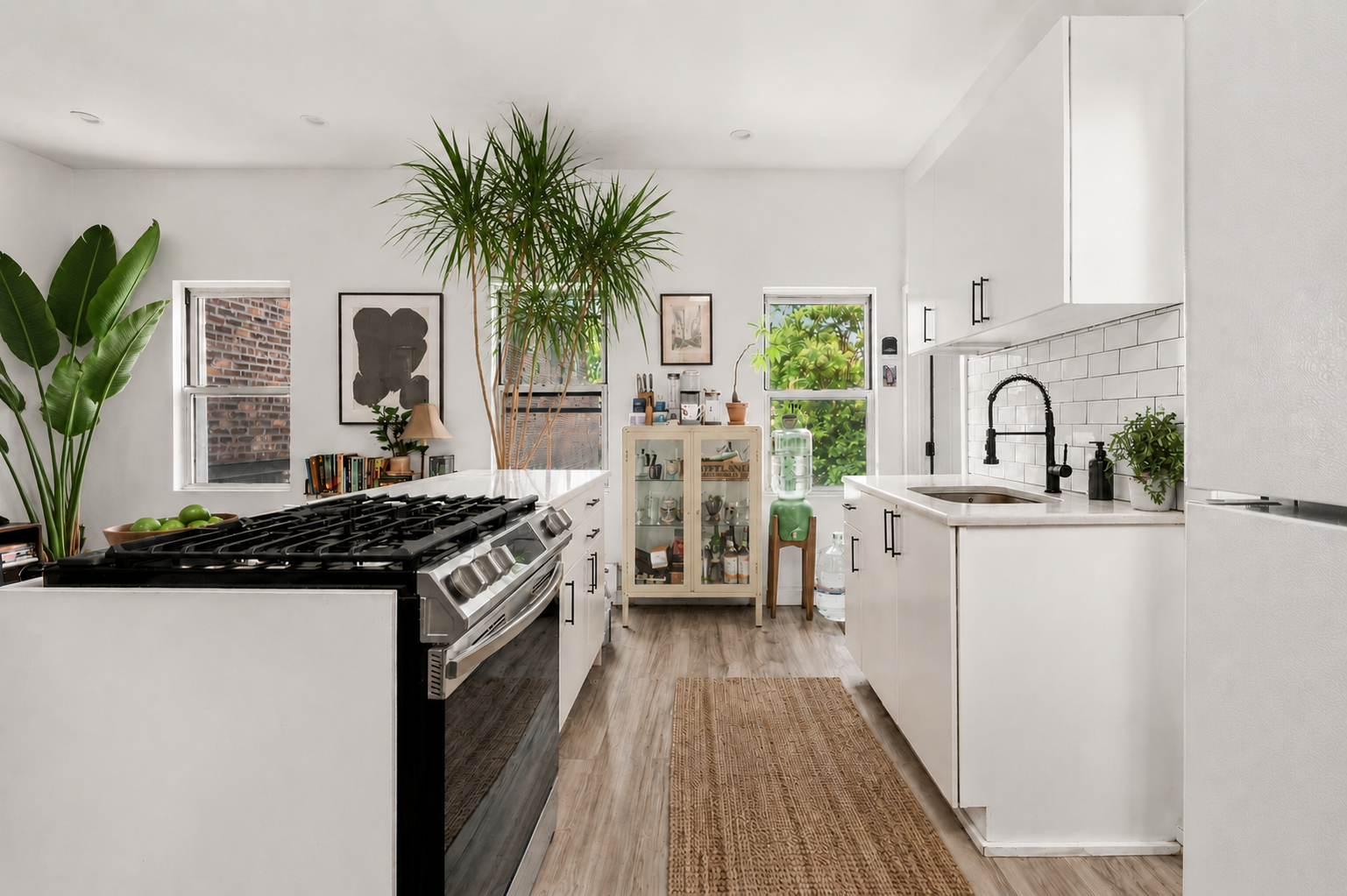 a kitchen with a stove a sink and a refrigerator