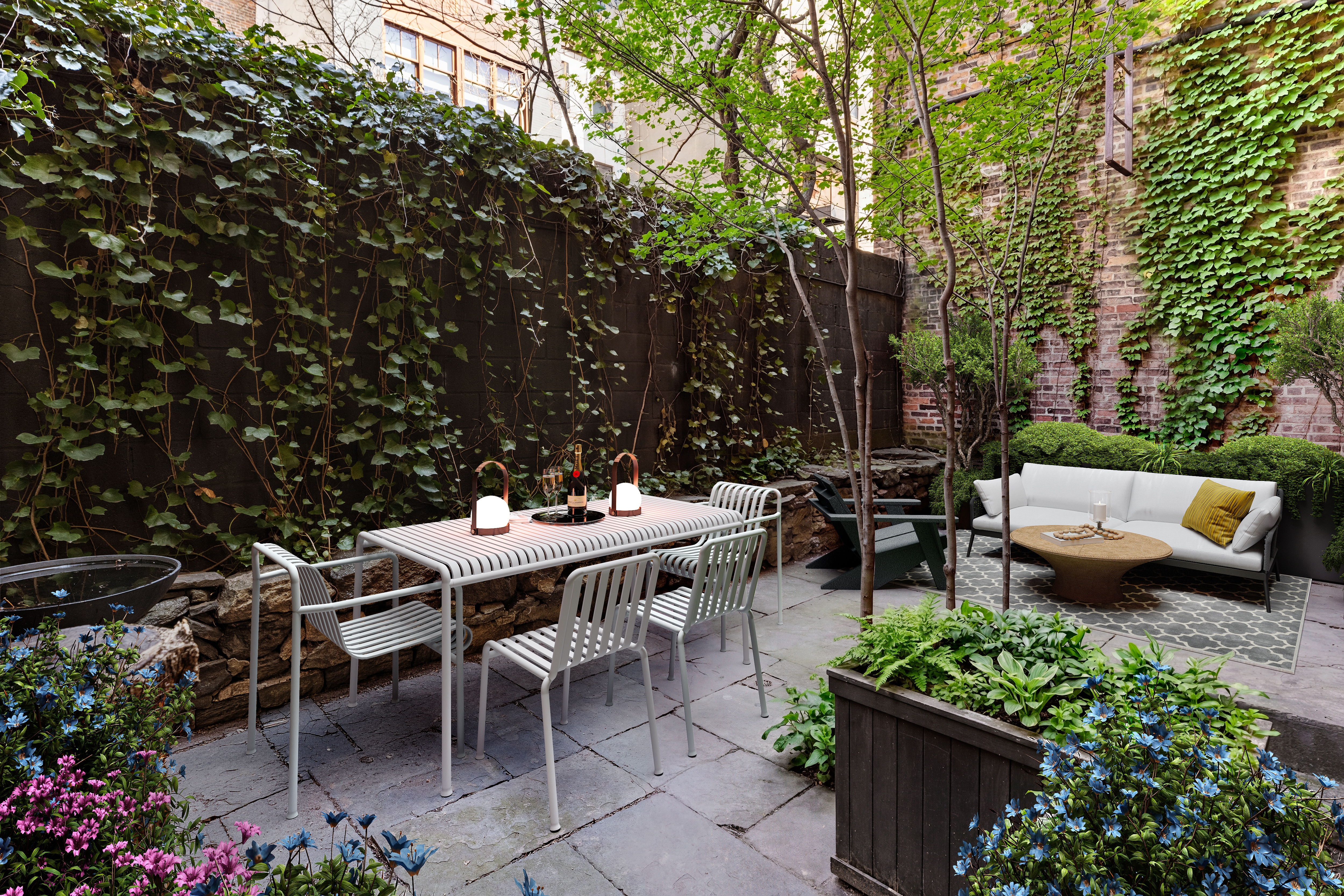 a view of a tables and chairs in a patio
