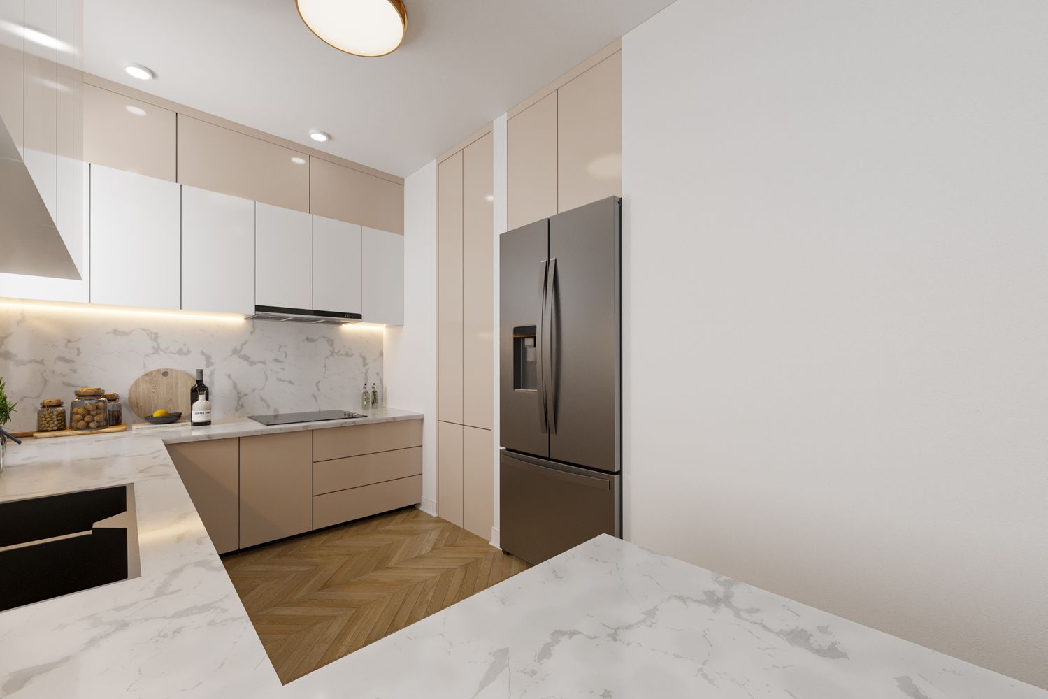 a kitchen with cabinets and stainless steel appliances
