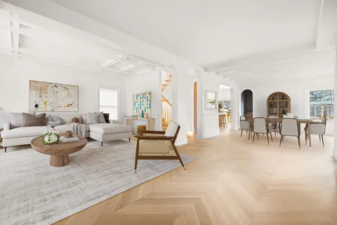 a living room with furniture and a potted plant