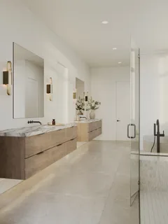 a bathroom with a tub sink and mirror