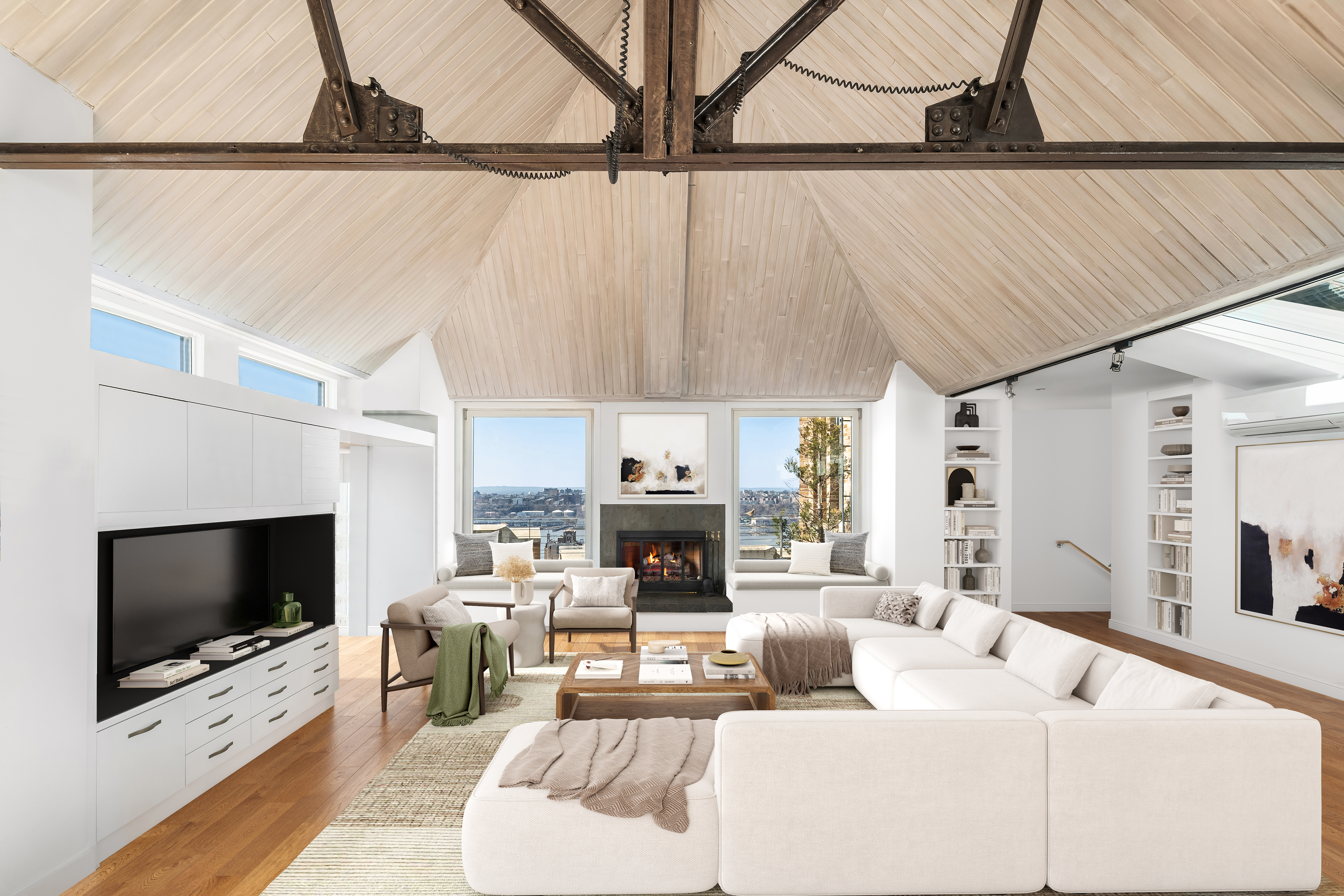 2166 Broadway, Unit PH Manhattan, NY 10024 - Photo 3 of 37 a living room with fireplace furniture and a flat screen tv