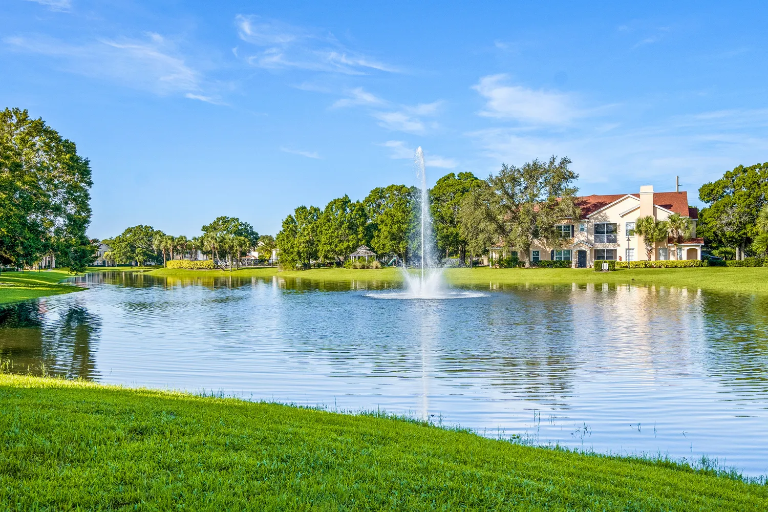 a view of a lake with houses in the background