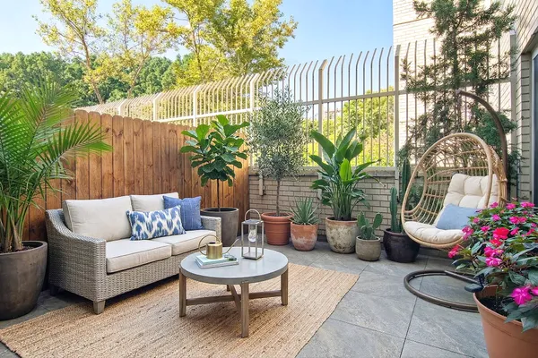 a building outdoor space with patio furniture