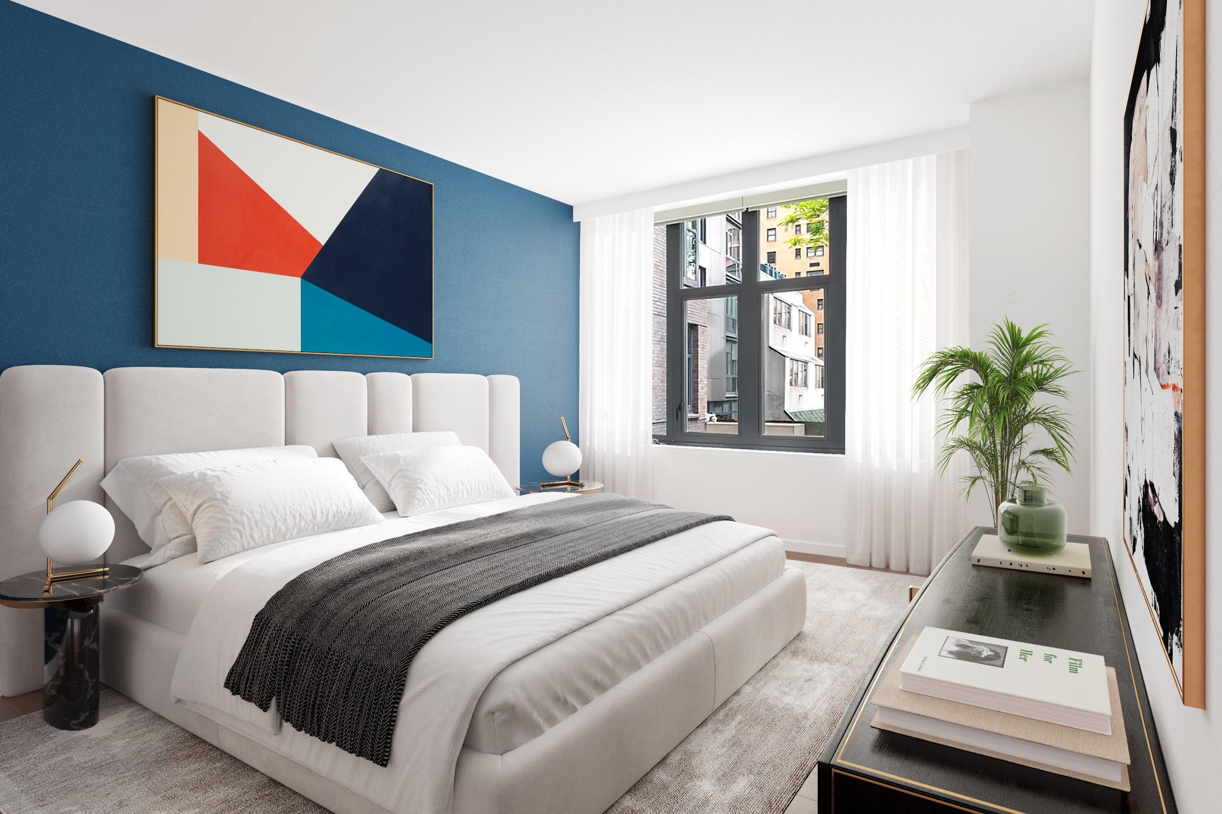 591 3rd Avenue, Unit 3C Manhattan, NY 10016 - Photo 4 of 9 a bedroom with a bed lamp and a potted plant