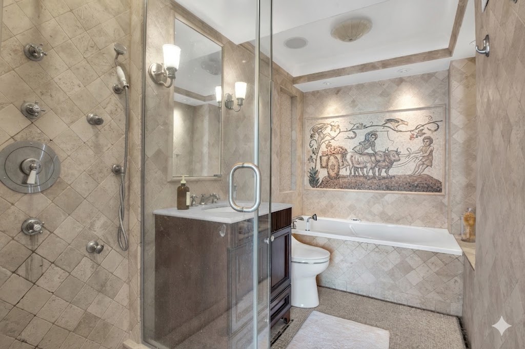 21 South End Avenue, Unit PH1A Manhattan, NY 10280 - Photo 16 of 32 a bathroom with a granite countertop bathtub shower sink vanity and toilet