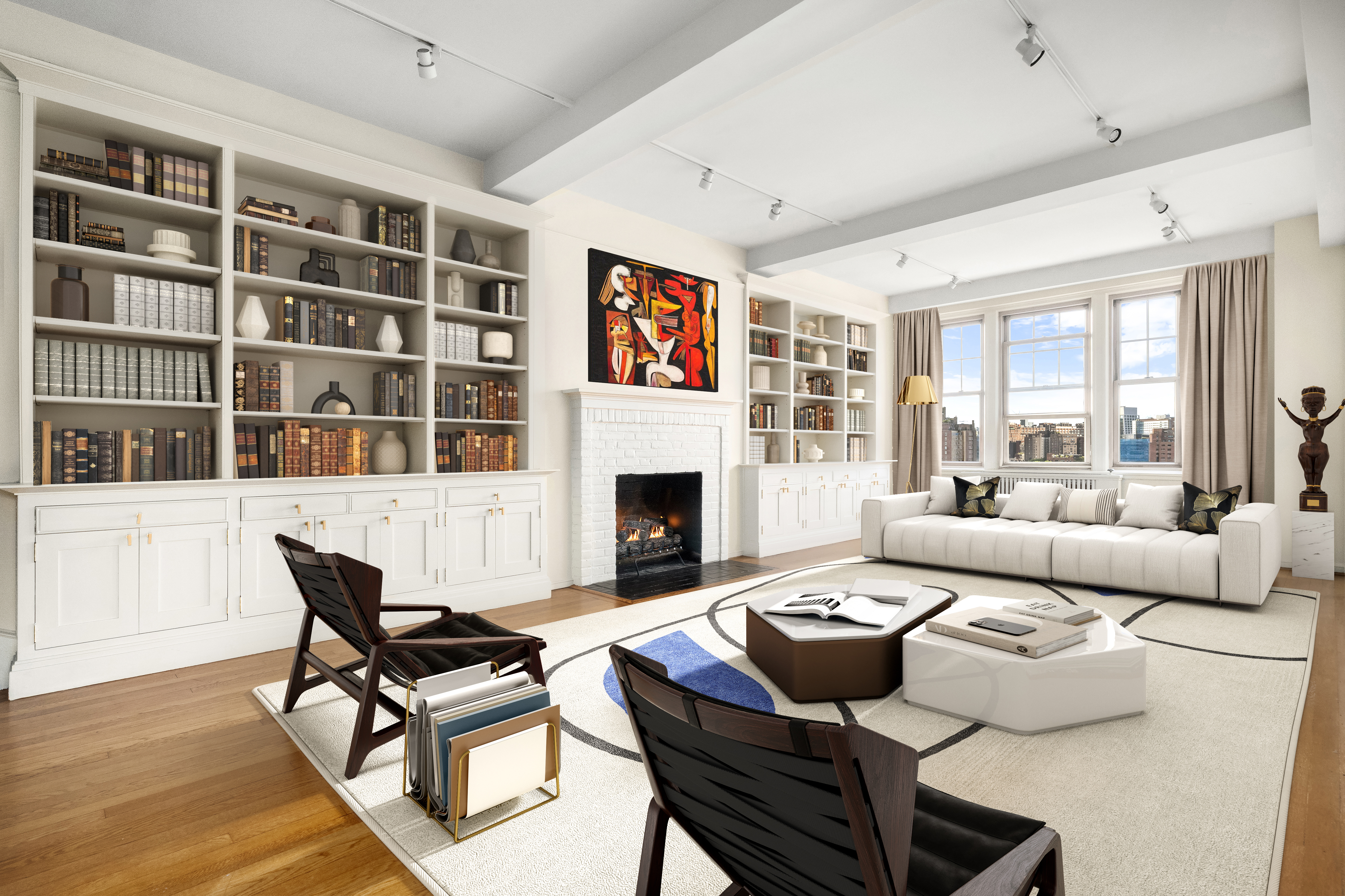 45 Christopher Street, Unit 12/14F Manhattan, NY 10014 - Photo 1 of 18 a living room with furniture and a fireplace