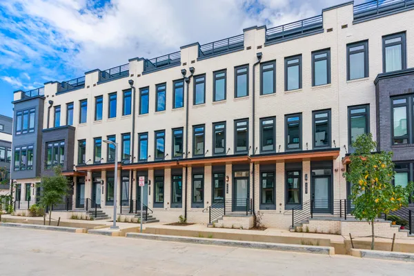 front view of a building with a street