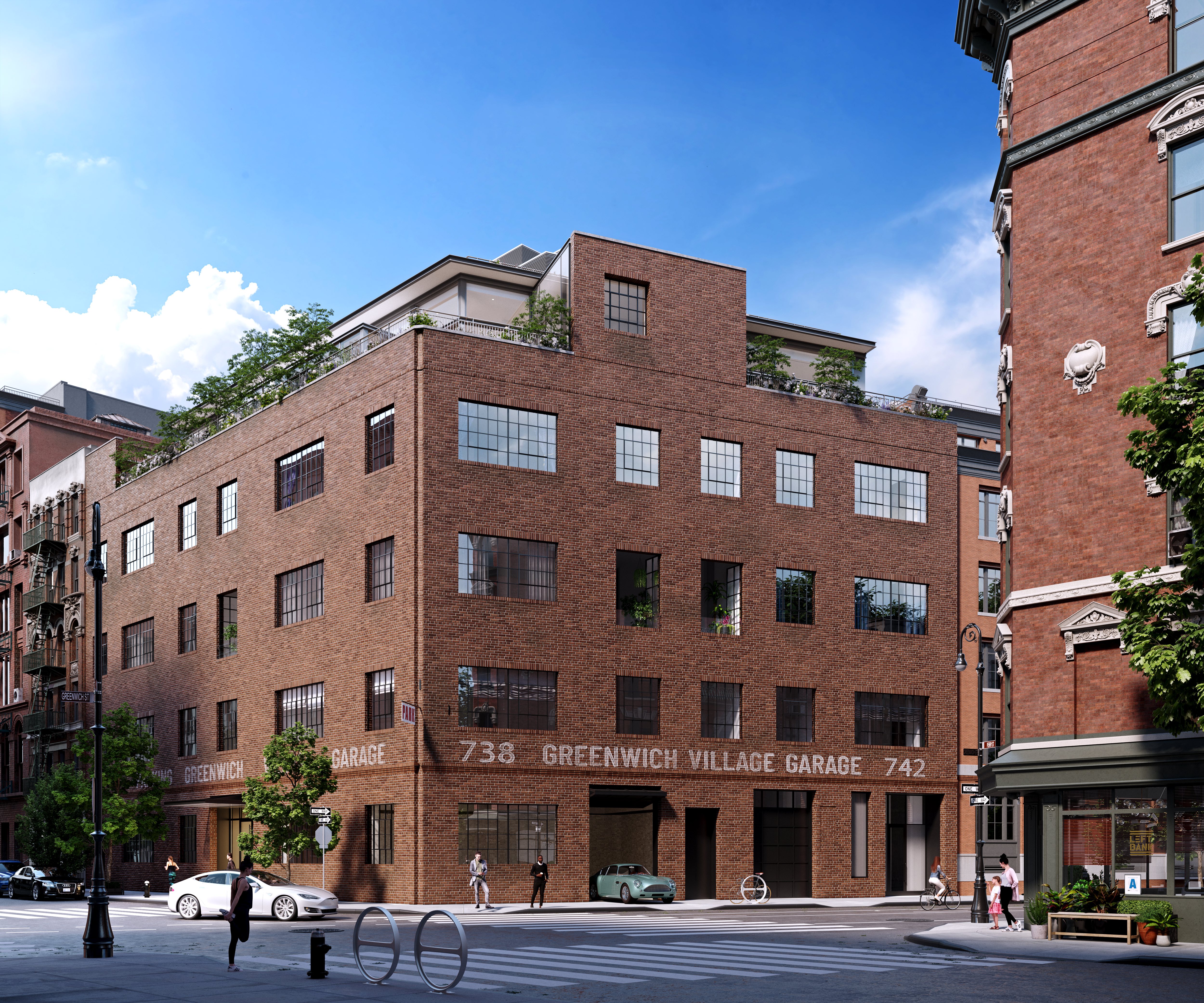 125 Perry Street, Unit PHE Manhattan, NY 10014 - Photo 12 of 17 a front view of a building with lot of cars and trees