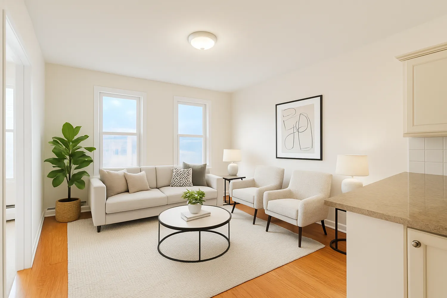 a living room with furniture and a potted plant