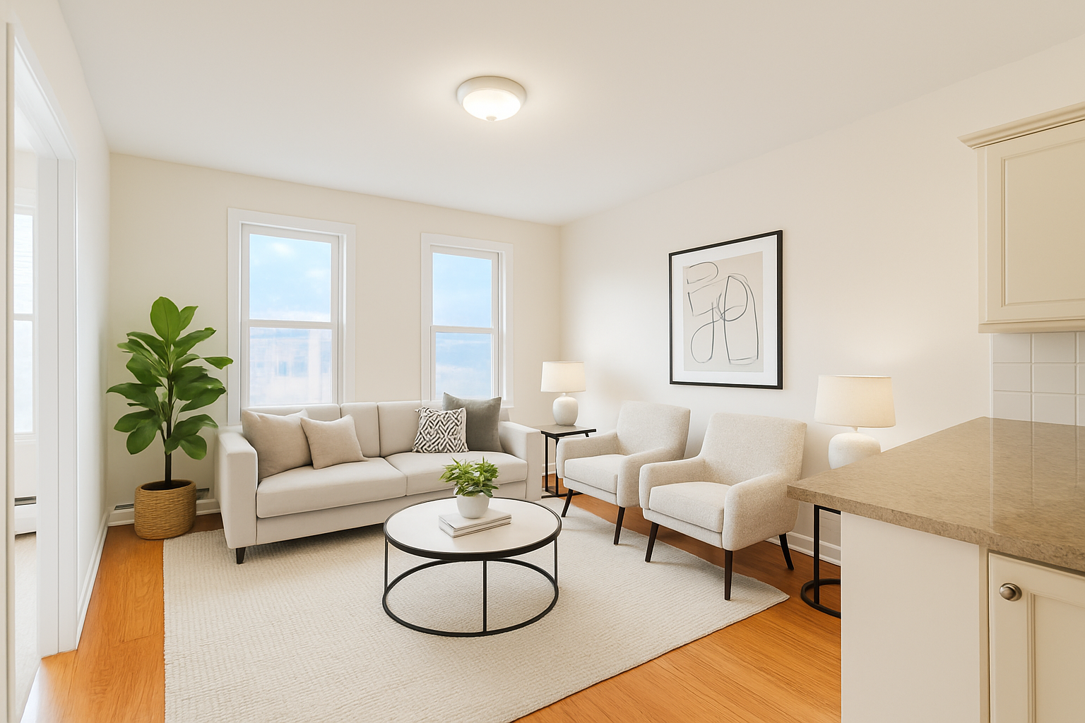 a living room with furniture and a potted plant