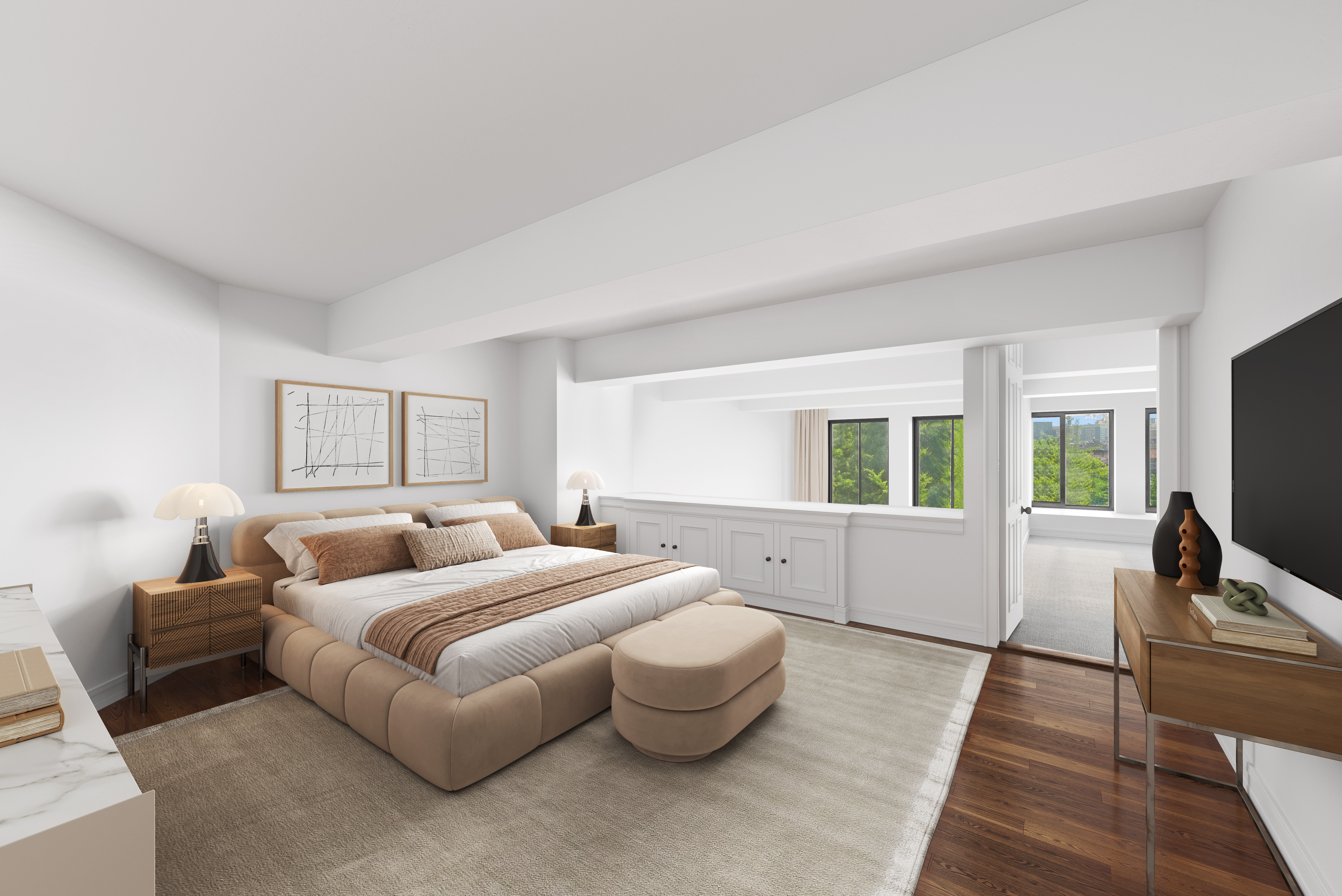 421 Hudson Street, Unit 306 Manhattan, NY 10014 - Photo 6 of 12 a bedroom with furniture and a flat screen tv