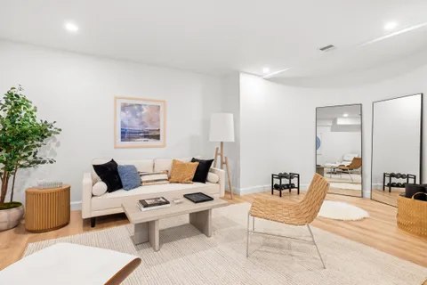 a living room with furniture and a potted plant