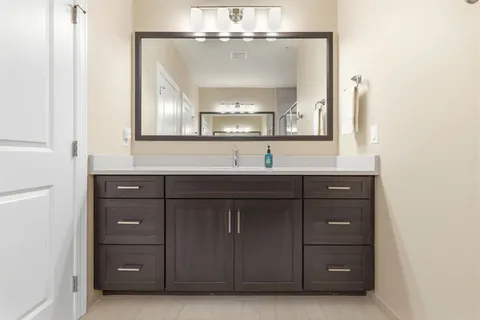 a bathroom with a sink vanity and mirror