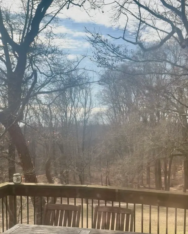 a view of a yard from a balcony
