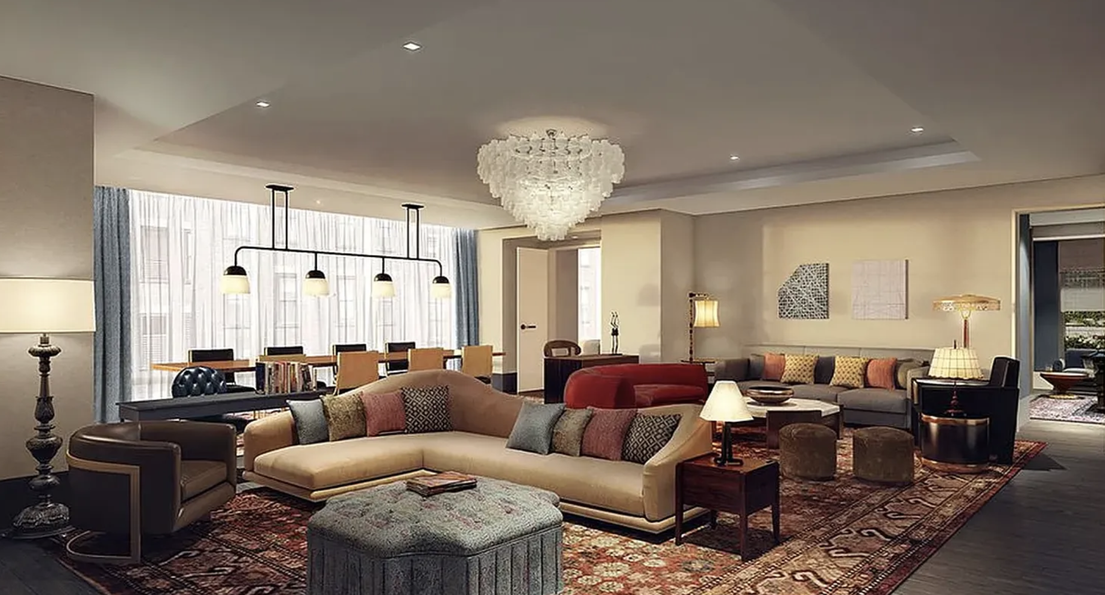 45 East 22nd Street, Unit 34A Manhattan, NY 10010 - Photo 19 of 24 a living room with furniture a large window and a chandelier