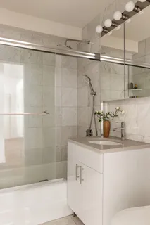 a bathroom with a sink and a shower