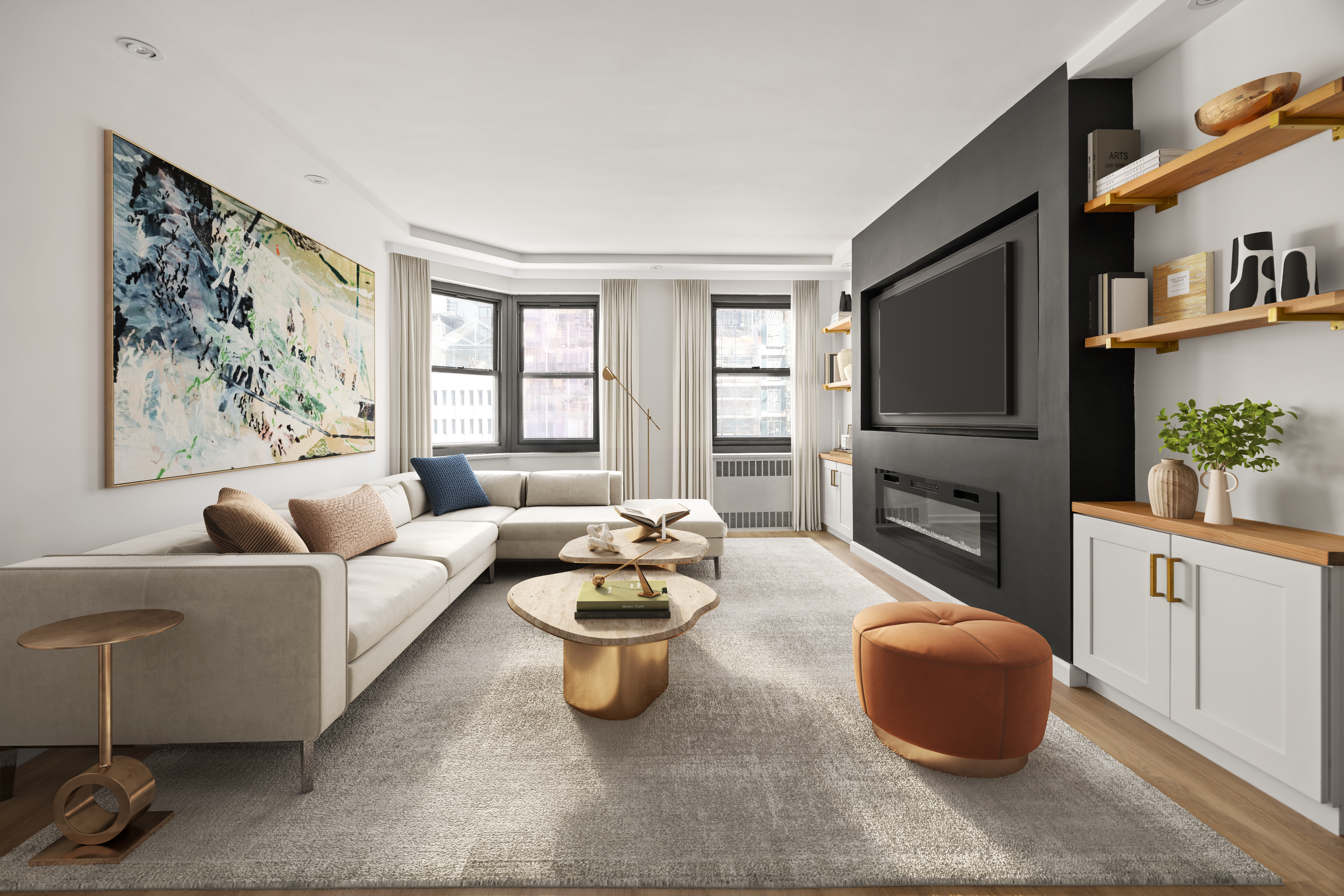 135 East 54th Street, Unit 11G Manhattan, NY 10022 - Photo 2 of 7 a living room with furniture and a flat screen tv