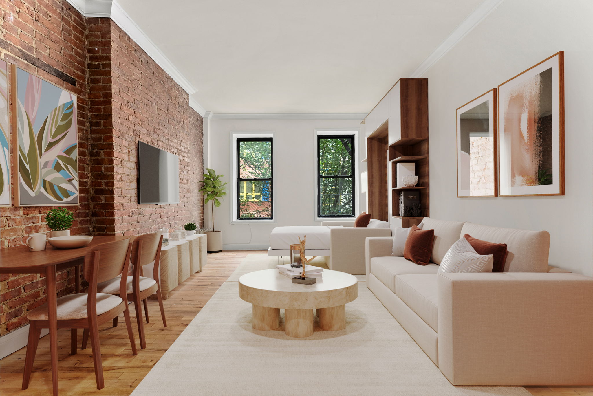 a living room with furniture and a large mirror next to a window