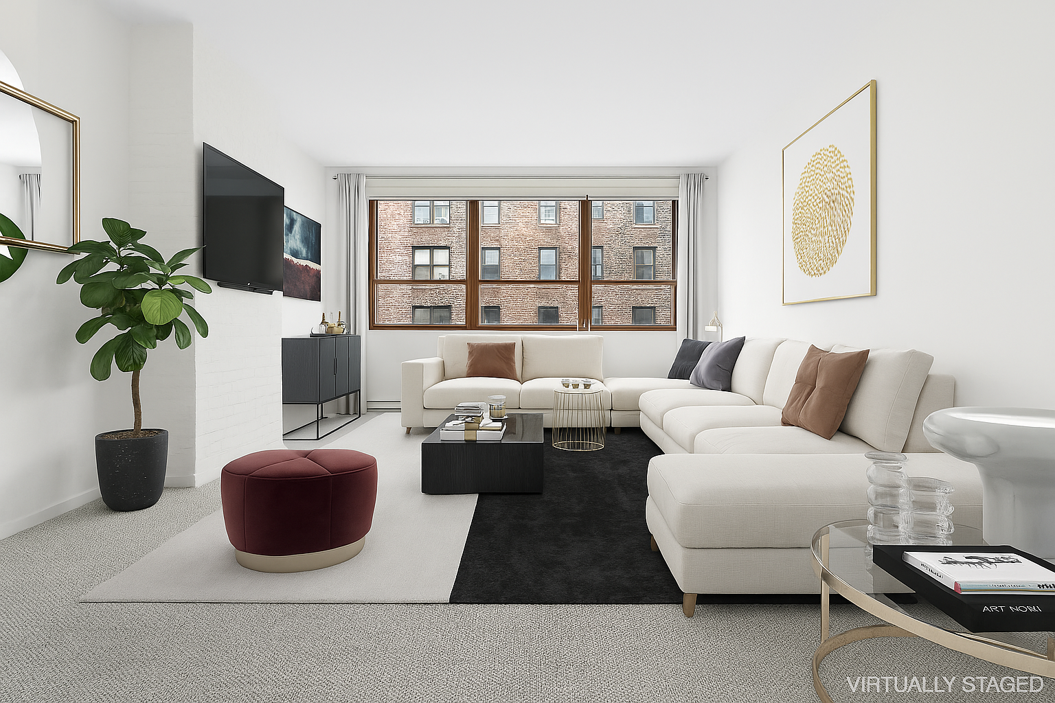 a living room with furniture a flat screen tv and a potted plant
