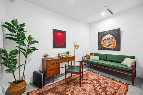 a living room with furniture potted plant and a lamp