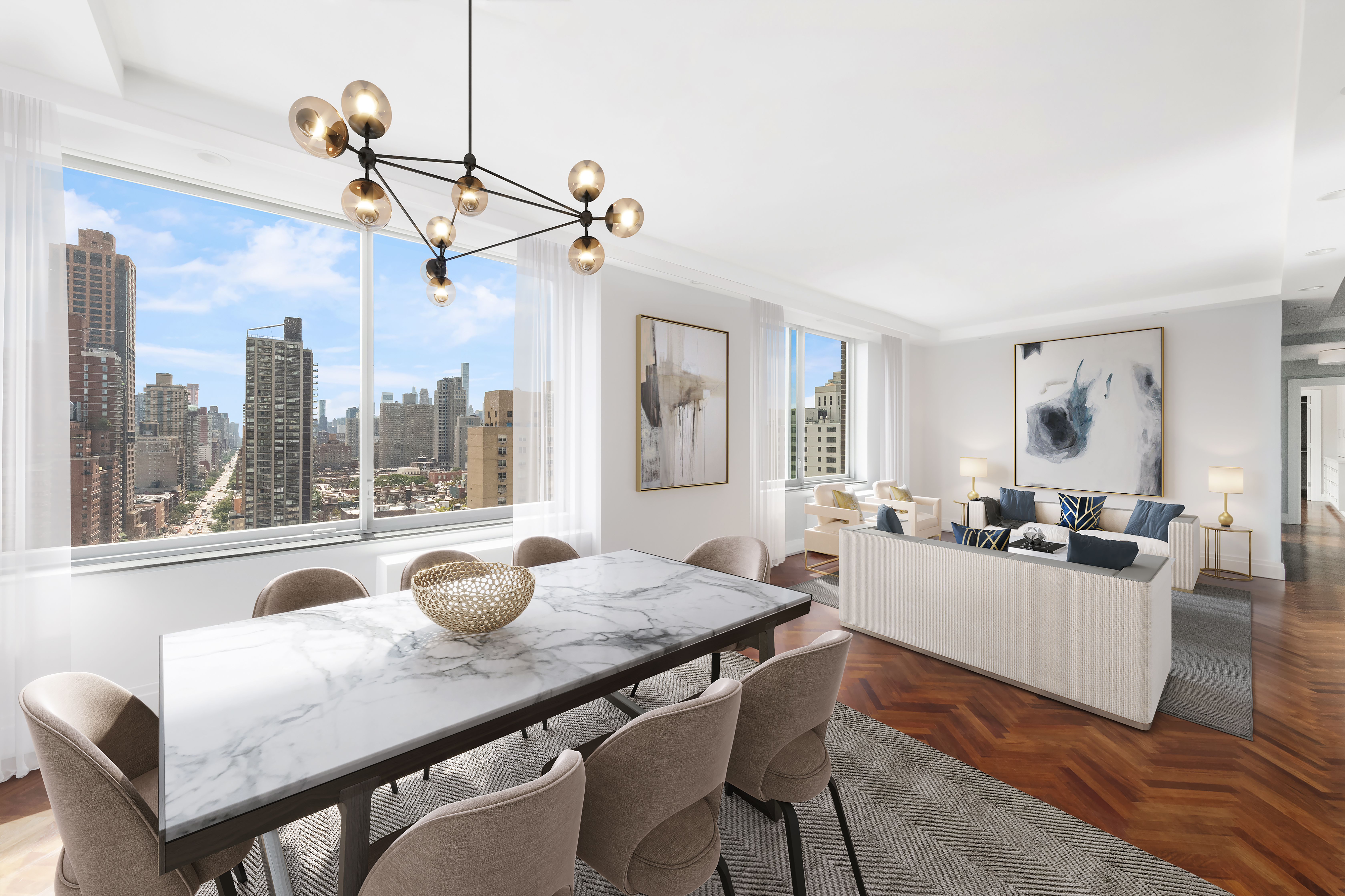 a dining room with furniture a window and wooden floor