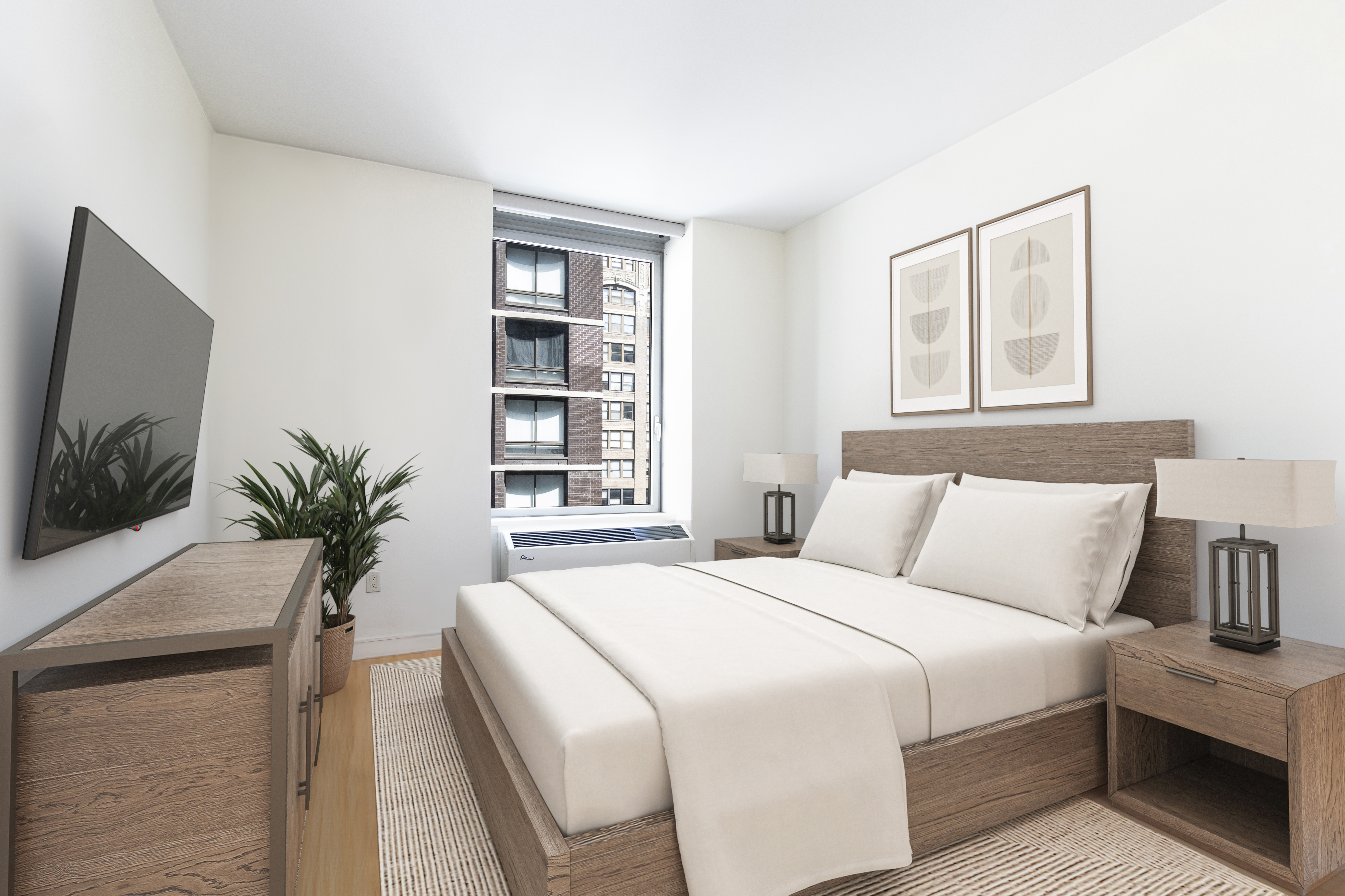 303 East 33rd Street, Unit 7N Manhattan, NY 10016 - Photo 4 of 12 a bedroom with a large bed and a potted plant