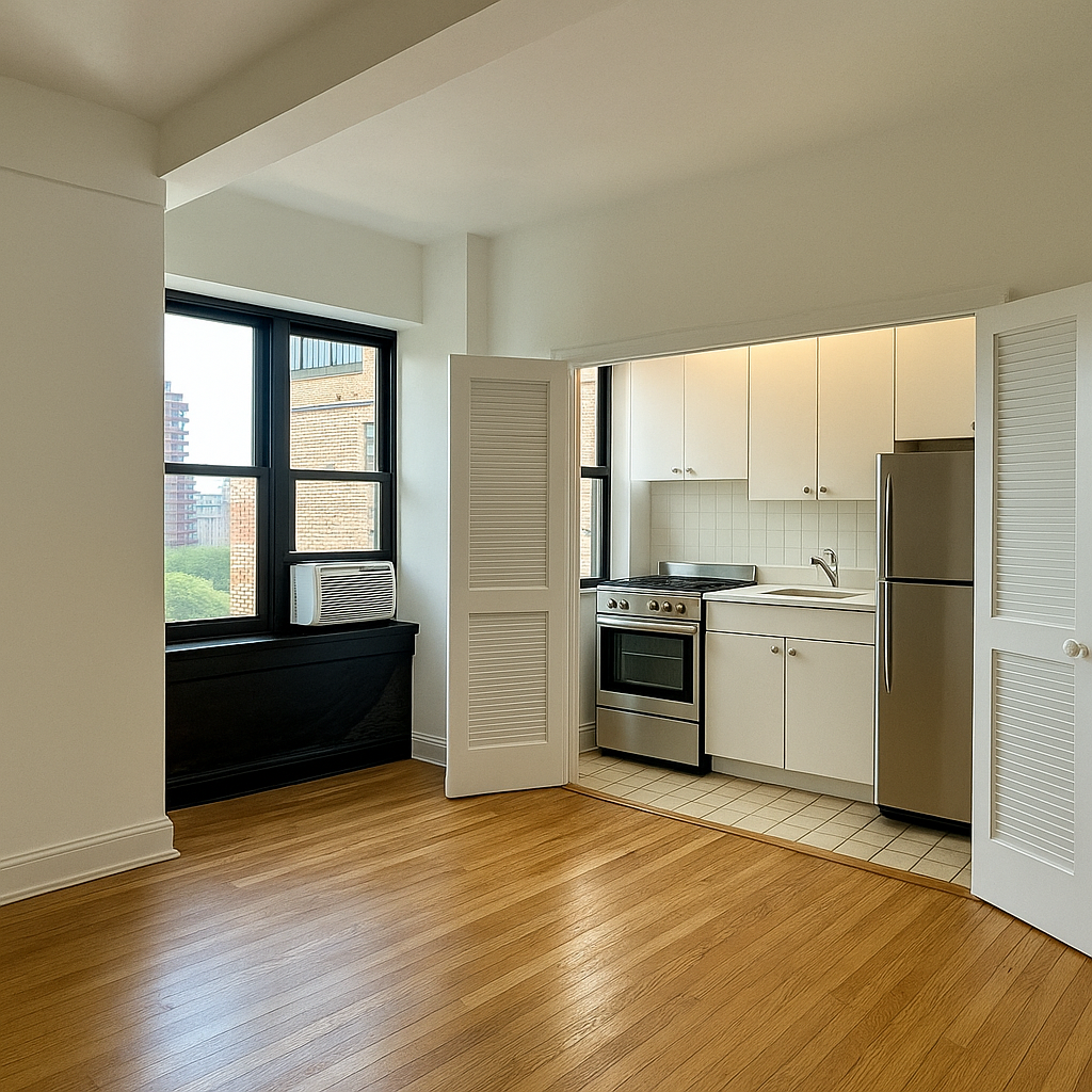 300 West 23rd Street, Unit 12A Manhattan, NY 10011 - Photo 4 of 11 a kitchen with a refrigerator and white cabinets