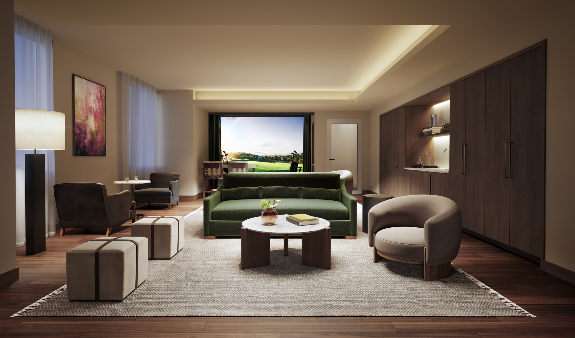 18 West 55th Street, Unit 16D Manhattan, NY 10019 - Photo 6 of 9 a living room with furniture a rug and a flat screen tv