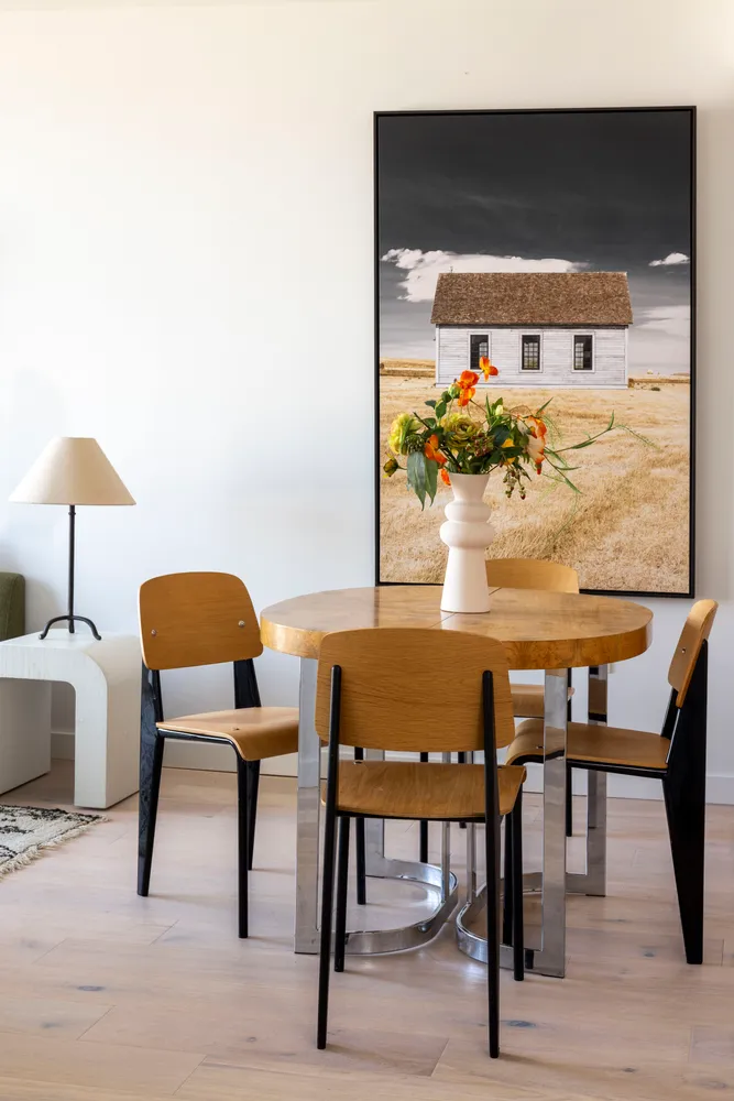 a view of a dining room with furniture