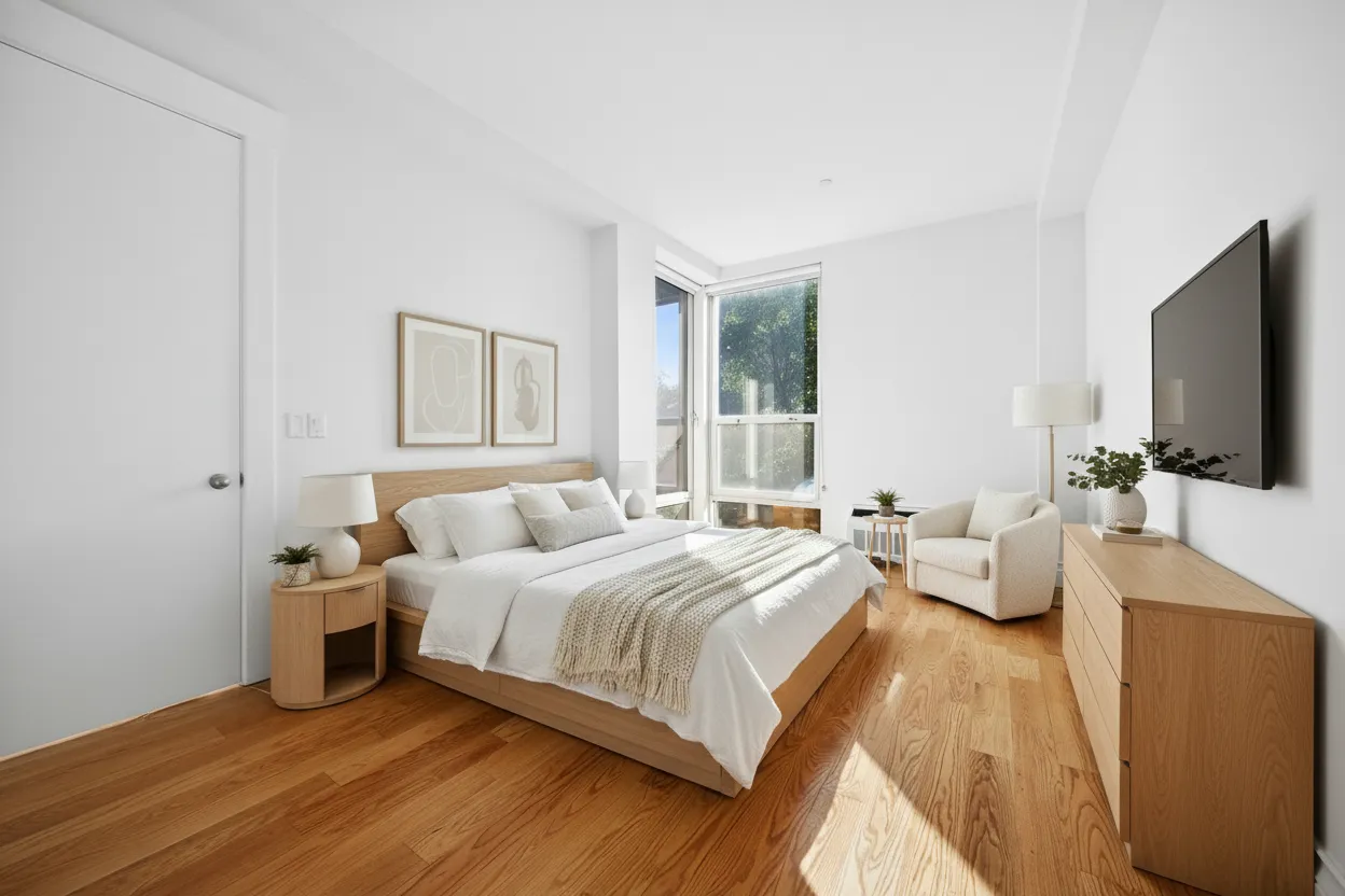 a bedroom with a bed and a flat screen tv