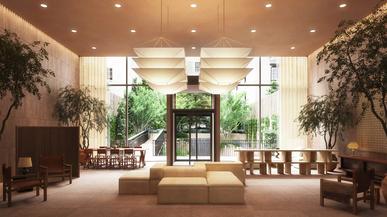 a lobby with furniture and a chandelier