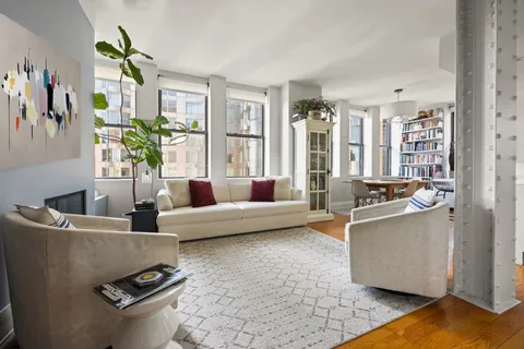 a living room with furniture and a potted plant